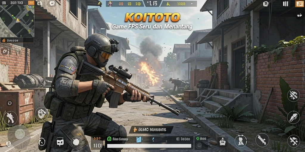 Tangkapan layar gameplay KOITOTO dengan aksi tembak-menembak yang mendebarkan.
